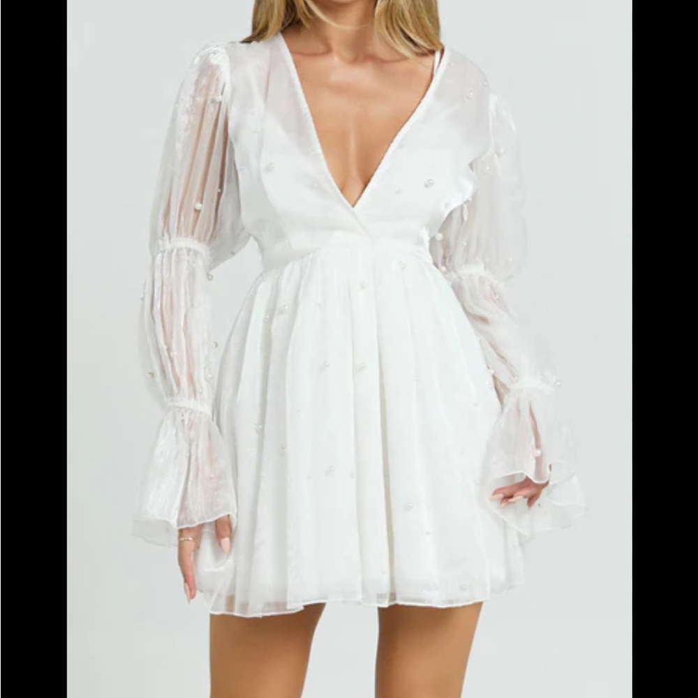 Showpo White Sheer Pearl-Embellished Dress - Picture 3 of 6